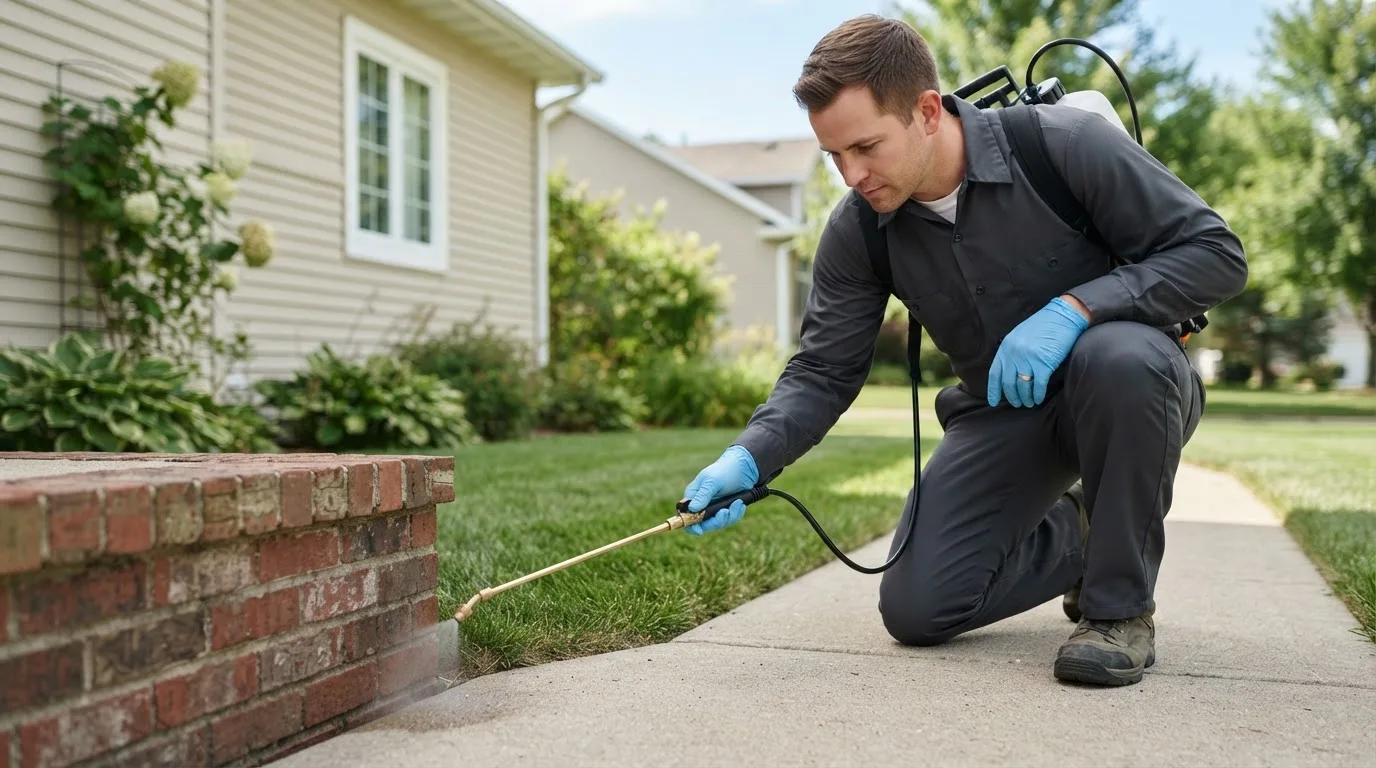 Pest control technician treating a home near Renick, MO
